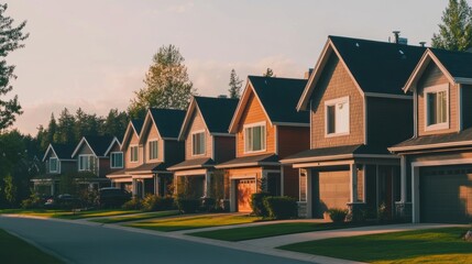 Obraz premium Suburban Harmony, a uniform row of charming houses showcasing community spirit and architectural consistency in a peaceful neighborhood setting