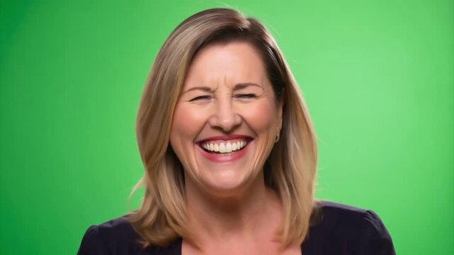 beautiful adult woman standing on green background looking at camera and smiling. Chrome Key