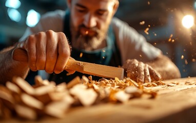 Skilled carpenter focused on shaping wood, surrounded by wooden shavings, showcasing craftsmanship and dedication