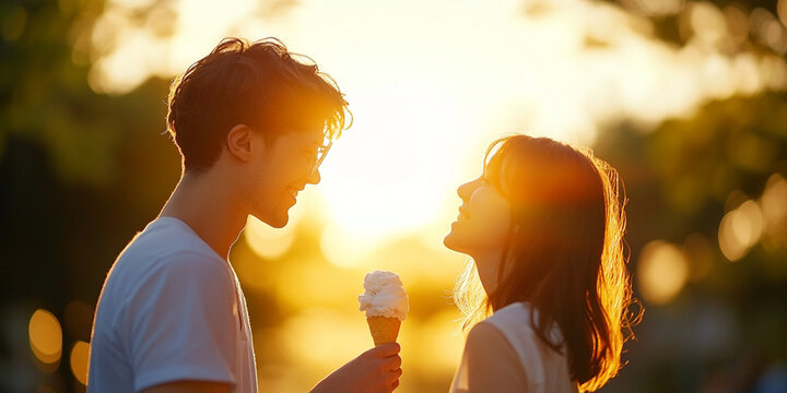 couple sharing ice cream during warm afternoon, enjoying playful moment together as sun sets behind them, creating romantic atmosphere