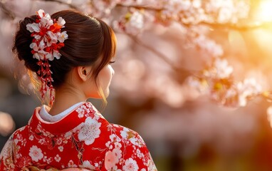 Woman in a traditional kimono admiring cherry blossoms, capturing the essence of spring and cultural beauty