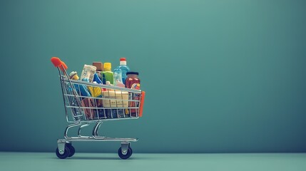 Shopping cart full of groceries on turquoise background