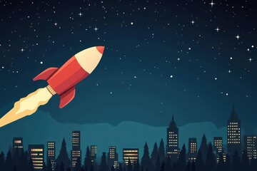 Naklejka premium Sleigh with rocket boosters, hovering above neon cityscape, watercolor style