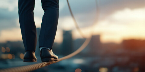 businessman in suit carefully walking on tightrope at sunset, showcasing balance and determination. city skyline is blurred in background, creating dramatic atmosphere