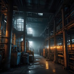 Gritty industrial factory interior with atmospheric lighting, conveying a sense of heavy manufacturing and robust production processes for powerful business concepts.