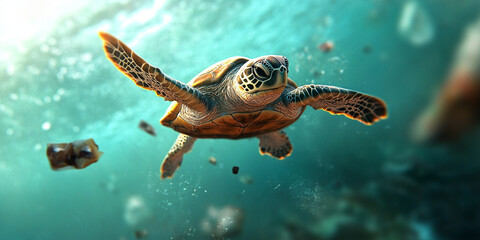Obraz premium Close up of sea turtle swimming gracefully in clear water, surrounded by plastic waste, highlighting impact of pollution on marine life