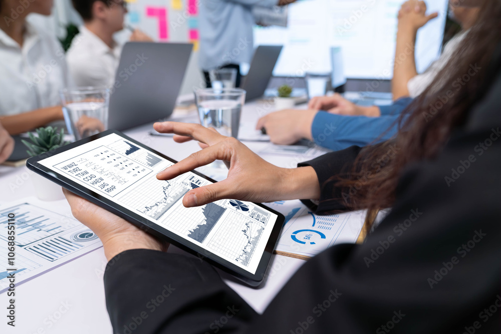 Aufkleber Analyst team uses BI Fintech display tablet to analyze financial data . Business people analyze BI software technology dashboard power for insights power into business marketing planning. Prudent