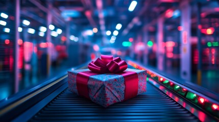 Gift box on conveyor belt in a factory, festive mood. Holiday packaging and manufacturing concept