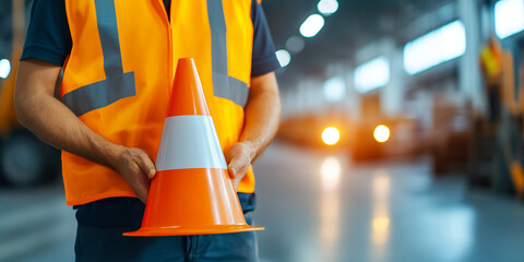 Worker in safety vest holding orange warning cone in warehouse, emphasizing safety and caution in industrial environment
