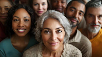 Fototapeta premium Diverse group of smiling individuals standing together at a community gathering indoors