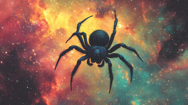 A captivating spider emerges from a vibrant cosmic backdrop, showcasing an enchanting blend of colors and textures in the universe. Cosmic. Illustration