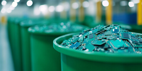 Recycling facility with green bins filled with electronic waste, showcasing importance of sustainable practices in waste management