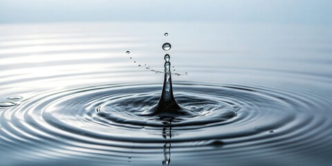 Single ink drop splashing into a pool of calm water, creating a concentric circle pattern and gentle ripples, movement, peaceful atmosphere, natural scene, water splash, circular pattern