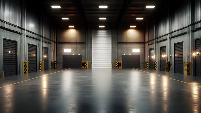 spacious industrial warehouse interior with loading docks and bright lights