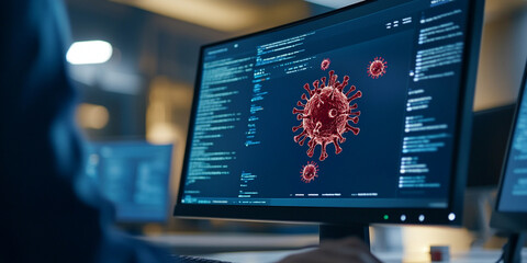 Computer screen displaying virus alert with digital code and graphics, showcasing virus model. atmosphere conveys urgency and concern about cybersecurity