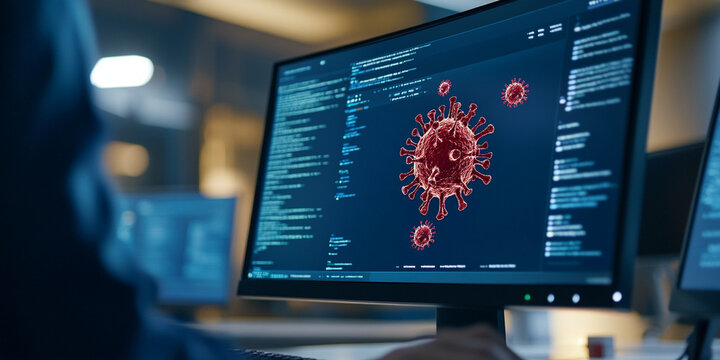 Computer screen displaying virus alert with digital code and graphics, showcasing virus model. atmosphere conveys urgency and concern about cybersecurity