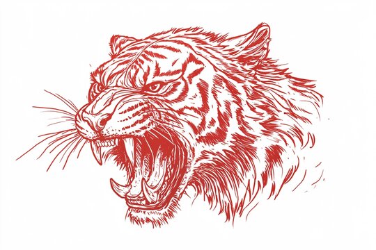 Fierce red tiger illustration showcasing its powerful roar and striking features against a plain background