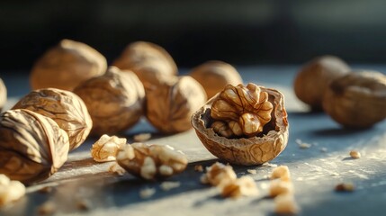 Walnuts are arranged bright background emphasizing their intricate textures and natural contours illuminated soft low key lighting.