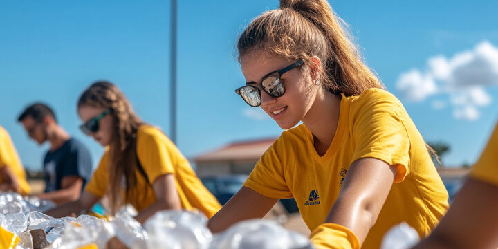 Volunteers sorting plastic waste at community cleanup event, showcasing teamwork and environmental awareness. bright sun highlights their dedication