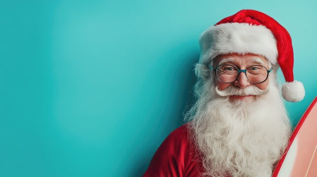 Santa Claus with surfboard on blue background