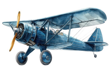 Blue Vintage Biplane Watercolor Illustration  on transparent background