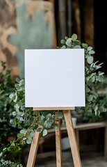 A white card with a leaf design sits on a wooden stand. 
