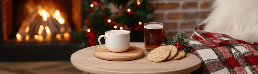 A cozy holiday scene with a cup of hot beverage, cookies, and a warm fireplace, creating a festive and inviting atmosphere.