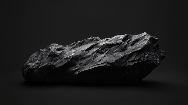 A large, dark rock sits on a black background.  The rock is illuminated by a single light source, creating a dramatic contrast.