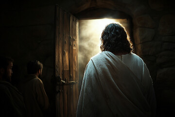 Jesus, clothed in white, stands by an open wooden door, light shining through as he appears to his disciples in a dark room.