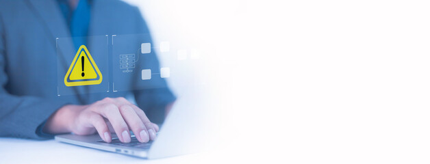 Warnings exclamation mark alerts in computer systems to be aware of the dangers and risks of cyberattacks on the Internet. Malicious software to secure online logins on websites	
