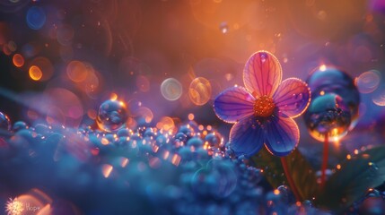 A flower with a purple center and blue petals is surrounded by a blue background. The flower is surrounded by a lot of small, colorful spheres, giving the impression of a dreamy, ethereal atmosphere