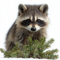 Curious raccoon observing colorful ornaments on a small tree in a winter wonderland setting
