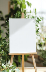 A white card with a leaf design sits on a wooden stand. 