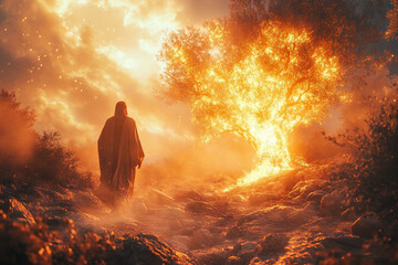 Moses stands before the burning bush, engulfed in flames yet unconsumed