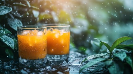 Refreshing Orange Drinks in Rainy Garden Setting