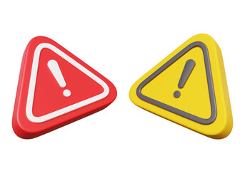 Two red and yellow triangle warning icon symbol on isolated background. advice caution web error alert safety concept. dangerous, internet security. 3d rendering illustration