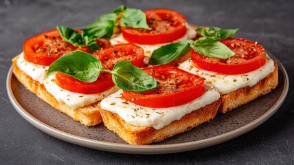 Fresh tomato and basil sandwiches with melted cheese on toasted bread, served on a gray plate, providing a vibrant and appetizing visual appeal.