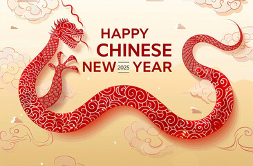 Fototapeta premium Wooden snake illustration for 2025 zodiac event, featuring festive oriental design, symbolizing prosperity and traditional Chinese New Year celebration.