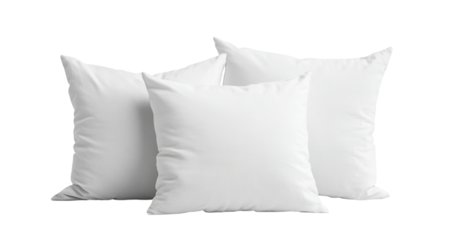 Three soft, white pillows stacked together, isolated on a white background, transparent background.