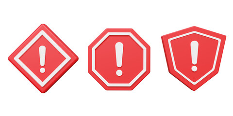 Three set of red warning 3D render icon symbol on isolated background. careful advice caution web error alert safety concept. dangerous, internet information security. element illustration