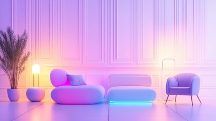 Minimalist interior design with simple rounded furniture. Neon lit with a textured pink wall in the background.