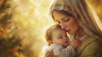 Obraz premium A tender moment between a mother and her baby in a serene setting.