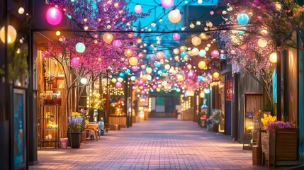 A vibrant alley adorned with colorful lanterns and blooming trees.