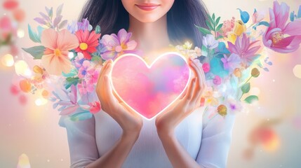 A woman holds a glowing heart surrounded by vibrant flowers.
