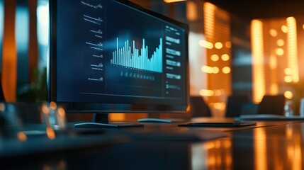 Modern analytics on computer screen in dark office
