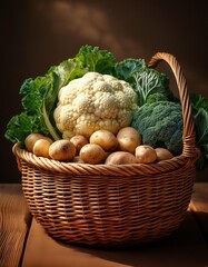 Basket of vegetables including potatoes, cauliflower, and broccoli. The cauliflower is the largest piece of produce in the basket