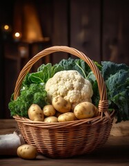 Wicker basket filled with freshly harvested winter vegetables like cauliflower, kale, and potatoes, with a light dusting of soil for a natural, farm-to-table feel
