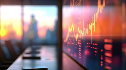 Sunset office with stock market graphs on screen and blurry figu