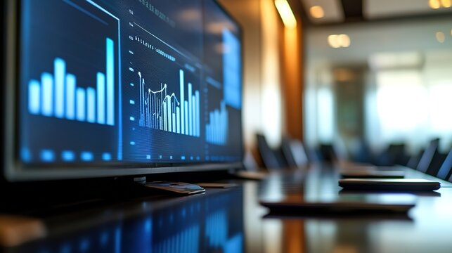 Laptop with finance graphs on screen in office