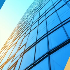 Fototapeta premium A low angle view of a modern glass skyscraper with a blue sky background.